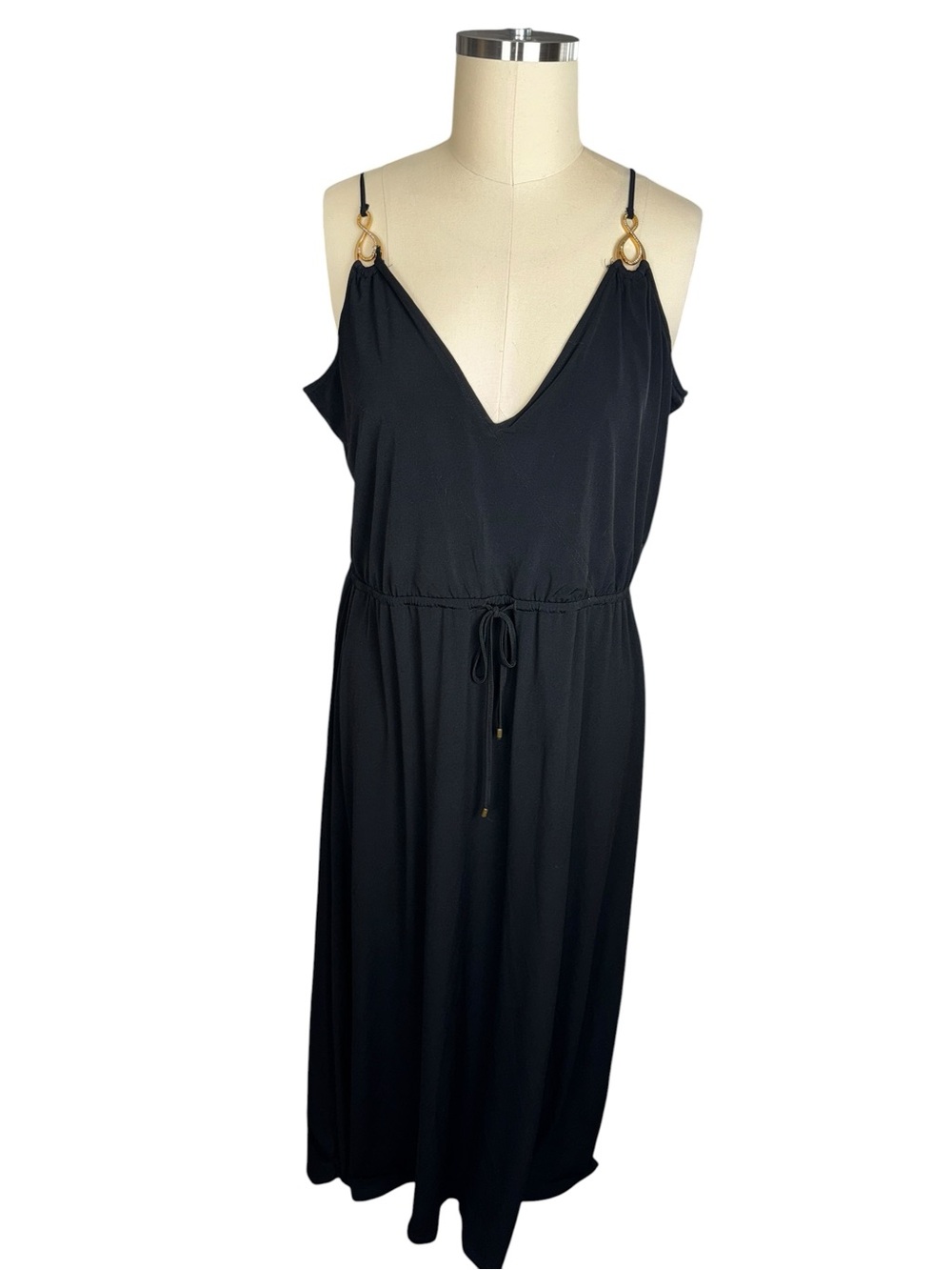 Ivanka Trump Black V-Neck Spaghetti Strap Maxi Dress with Gold Accents